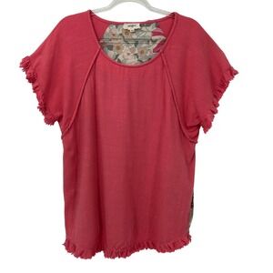 Umgee Linen Cotton Floral Back Fringe Trim Top Coral Pink XL